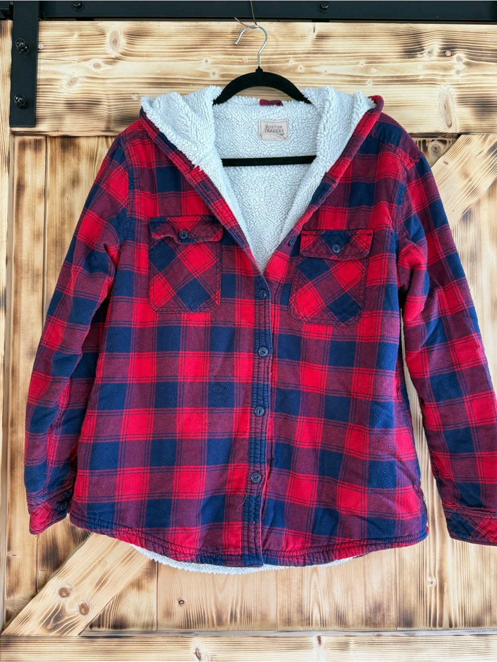 Boston Traders Red and Navy Plaid Sherpa Hoodie Shirt